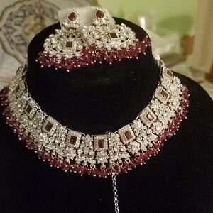 Silver-Tone Choker Necklace and Earring Set with Deep Red Accents